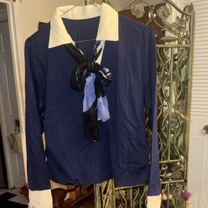 Navy Blue Long Sleeve Shirt with Scarf